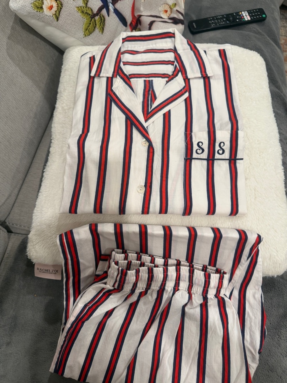 Rachel Zoe White Pajama Set with Red & Navy Stripes and Monogram